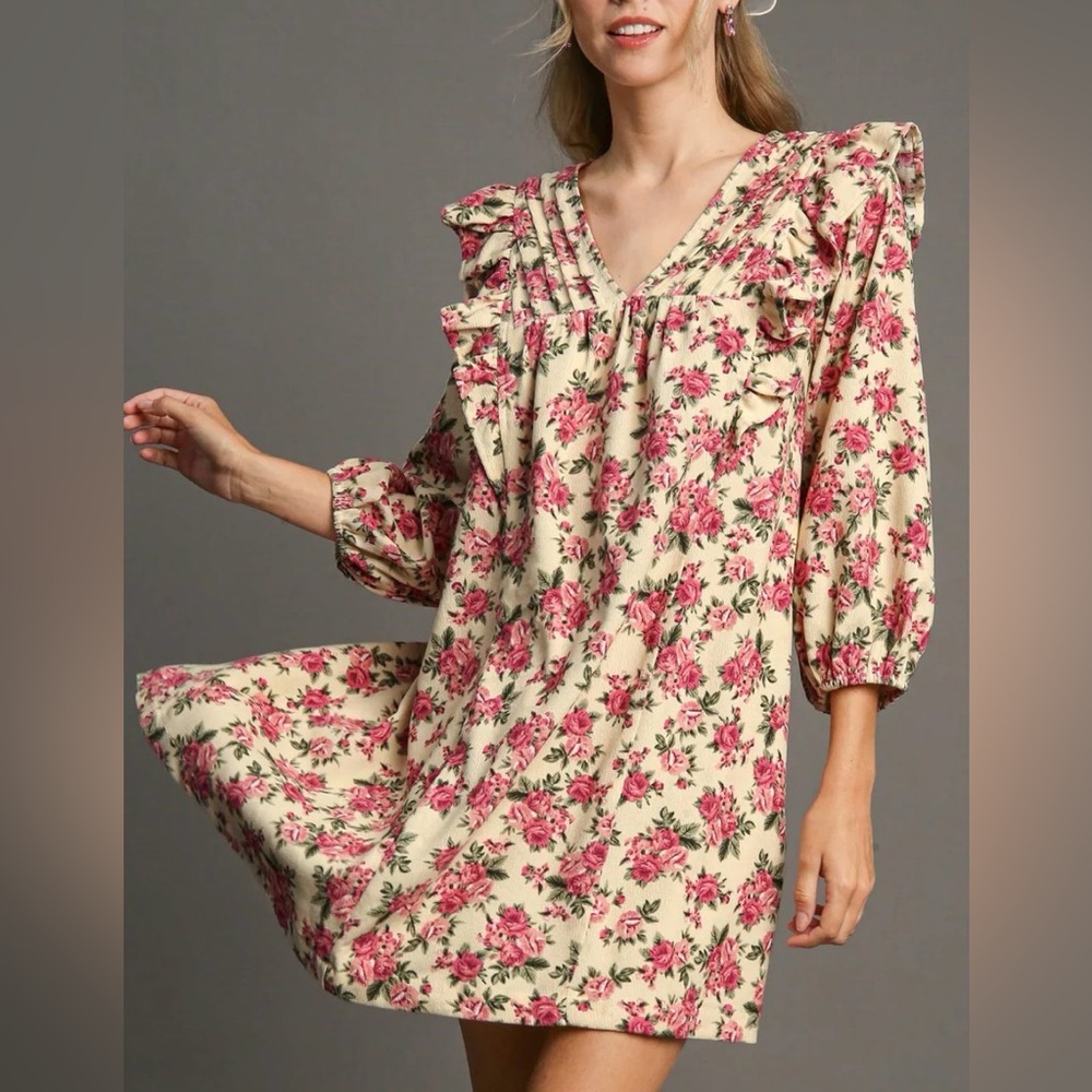 Umgee Floral Mini Courduroy Dress in Pink and Cream